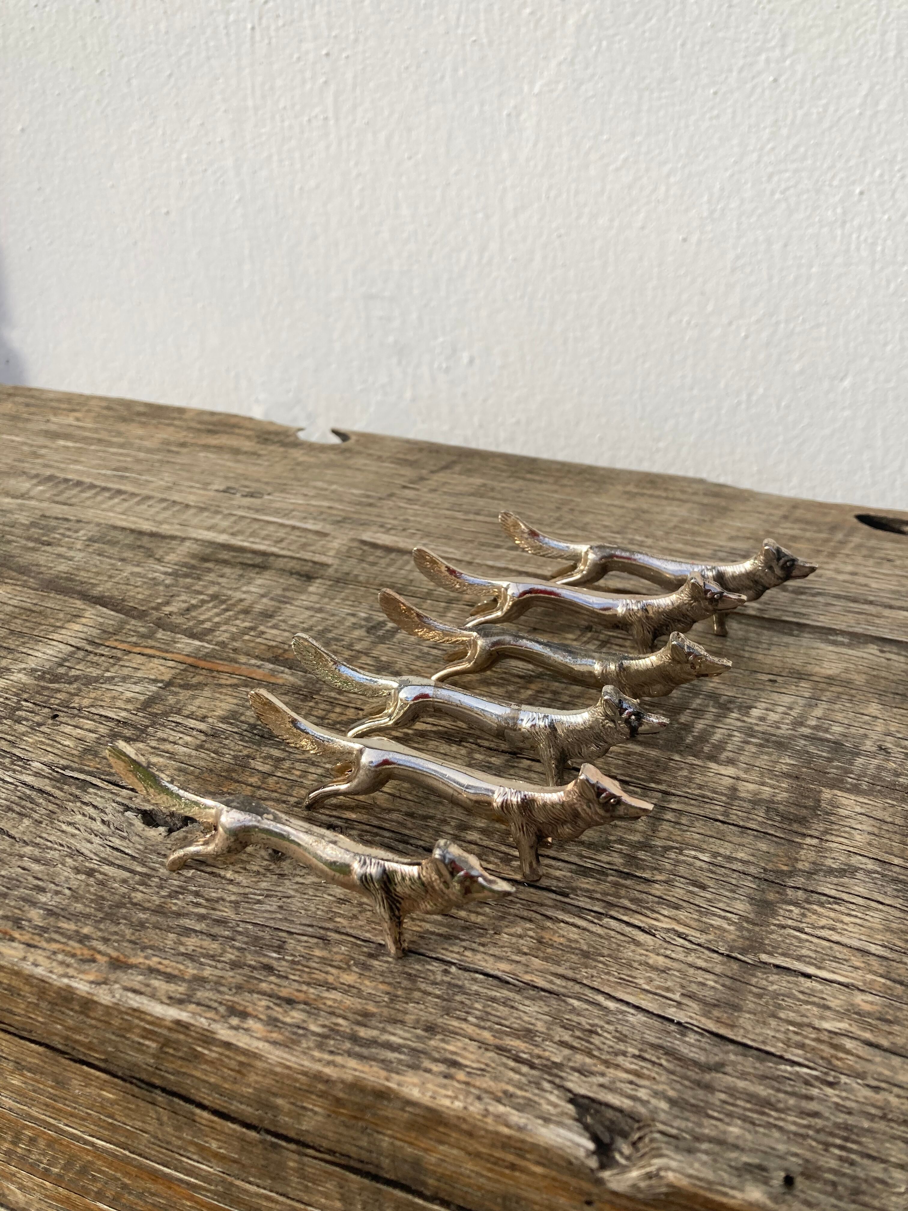 6 knife holders silver metal animals dog wolf