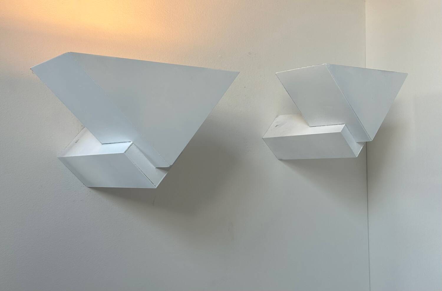 Pair of vintage geometric wall lights, matte white, France 1970