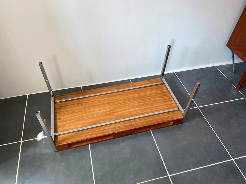 Table basse teck scandinave pieds chromés vintage 1960
