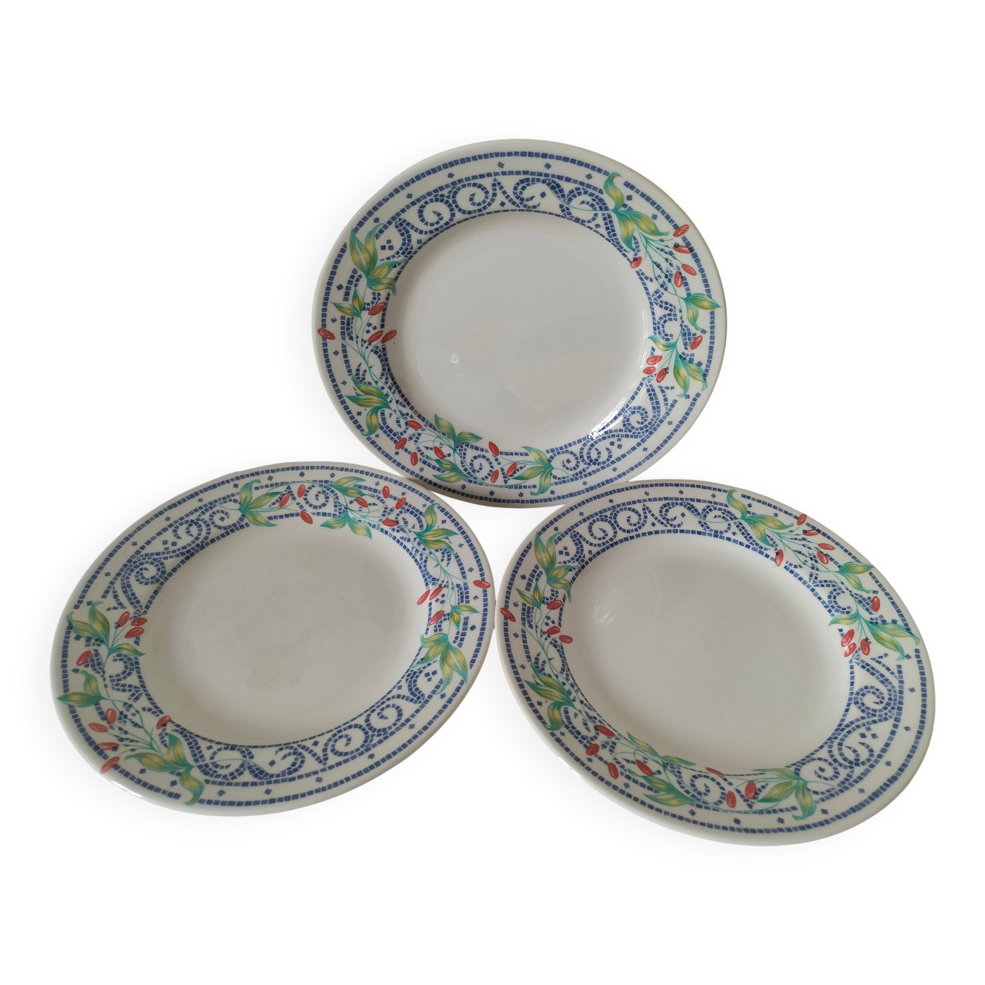 3 plates Churchill England mosaic and floral design