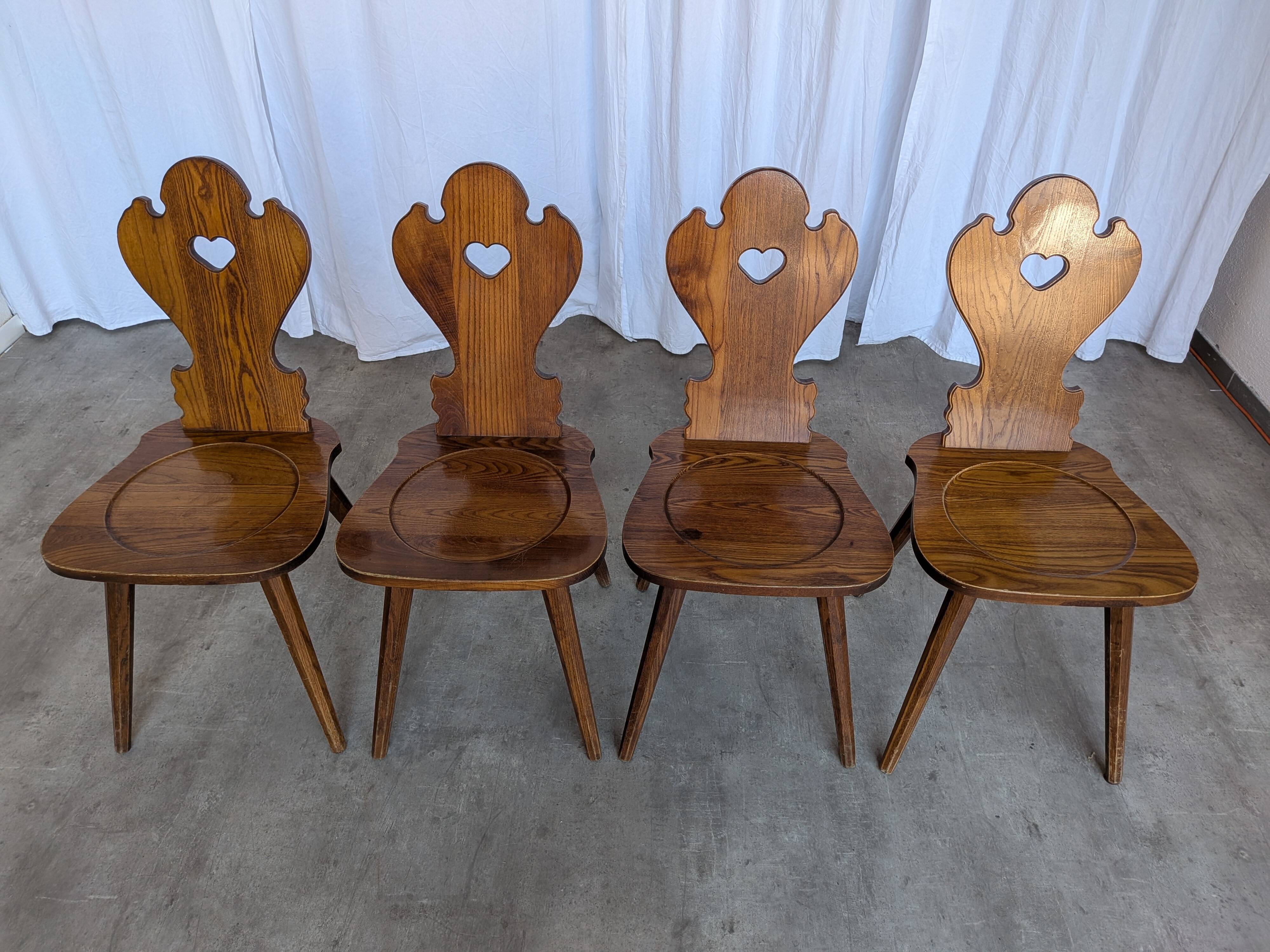 Set of 4 Farmhouse Tyrolean Chair with Heart Cutout Back / 1970s Vintage Di
