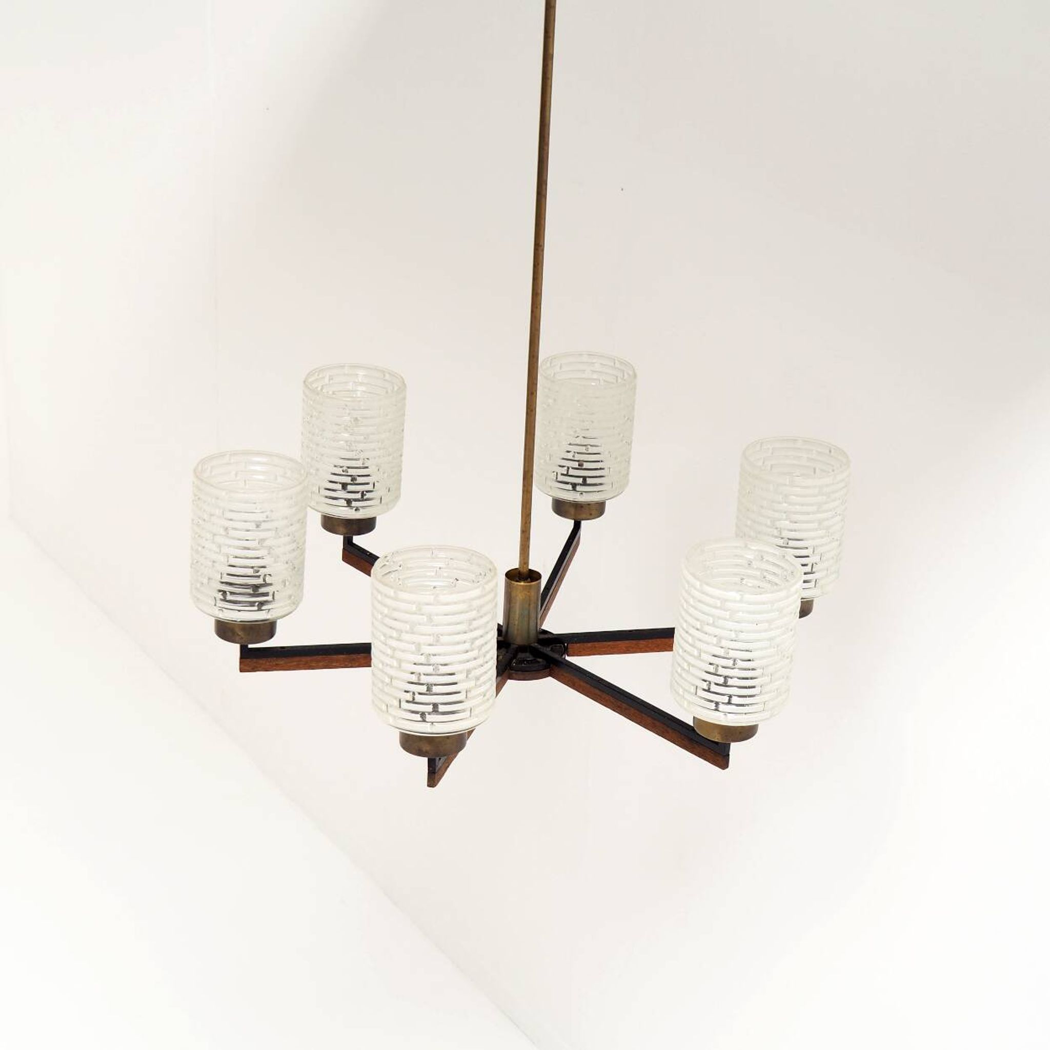 Vintage Philips 6-Light Chandelier in Brass, Teak & Black Metal