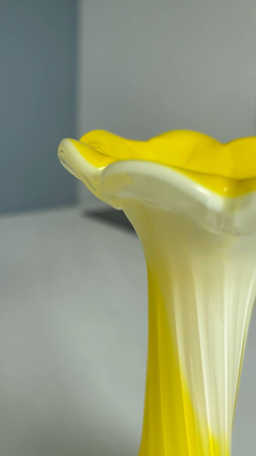 Yellow flower-shaped vase, vintage opaline glass, home decor, spring.