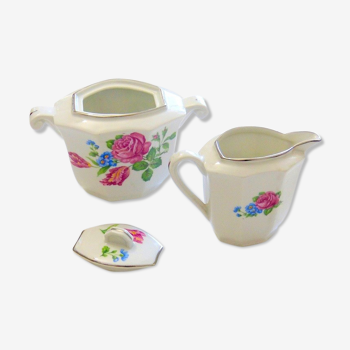 Ancient milk pot and sugar bowl in earthenware decorated with ancient roses