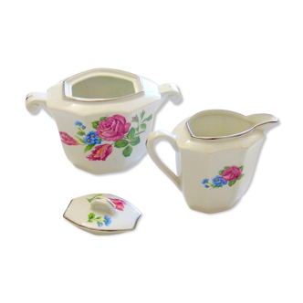 Ancient milk pot and sugar bowl in earthenware decorated with ancient roses