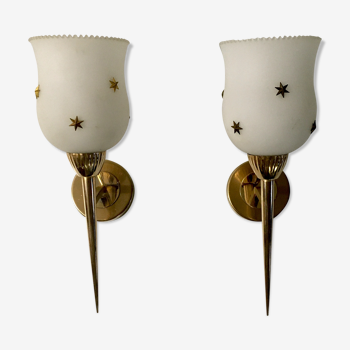 Pair of brass and opaline wall light 60s