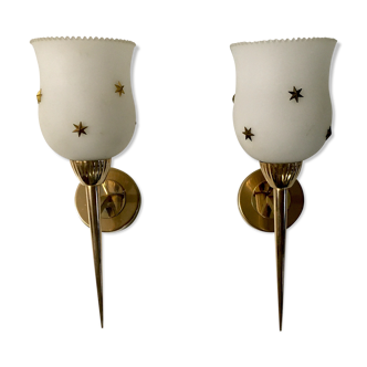 Pair of brass and opaline wall light 60s