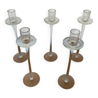 Série de 5 bougeoirs tulipe en verre moulé transparent décoration vintage