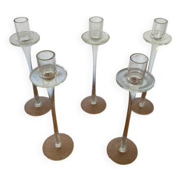 Set of 5 tulip candle holders in clear molded glass vintage decoration