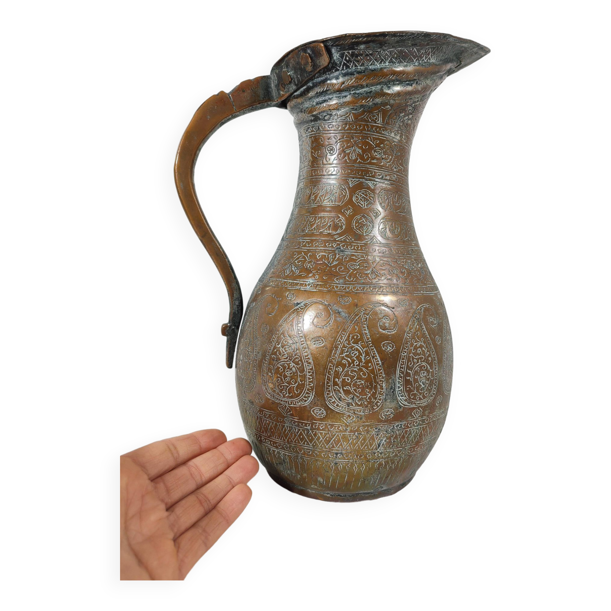 Persian Hammam Jug Vase in Silvered Copper / 19th Persian Empire / Chiseled Qajar