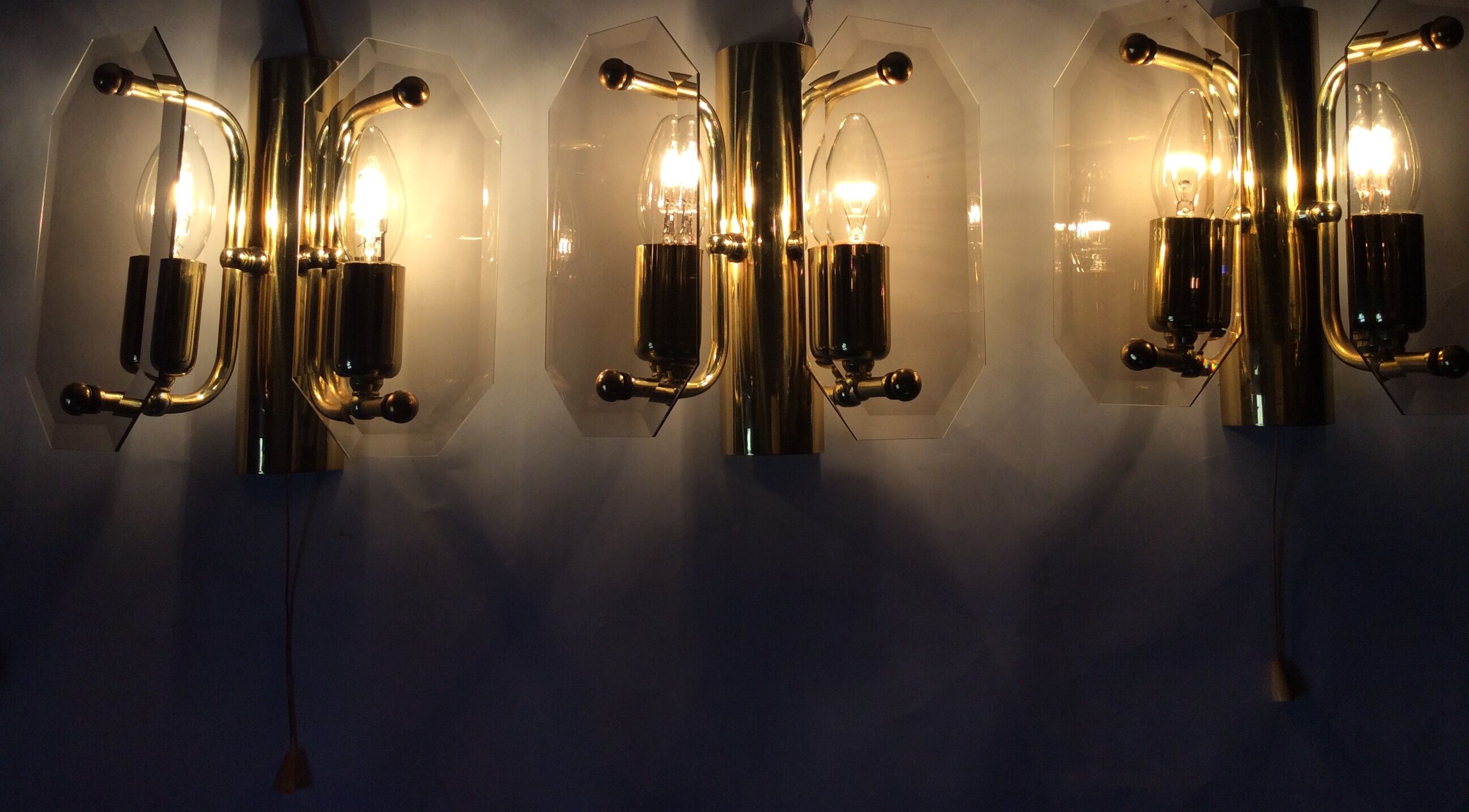3 brass and vintage glass wall sconces
