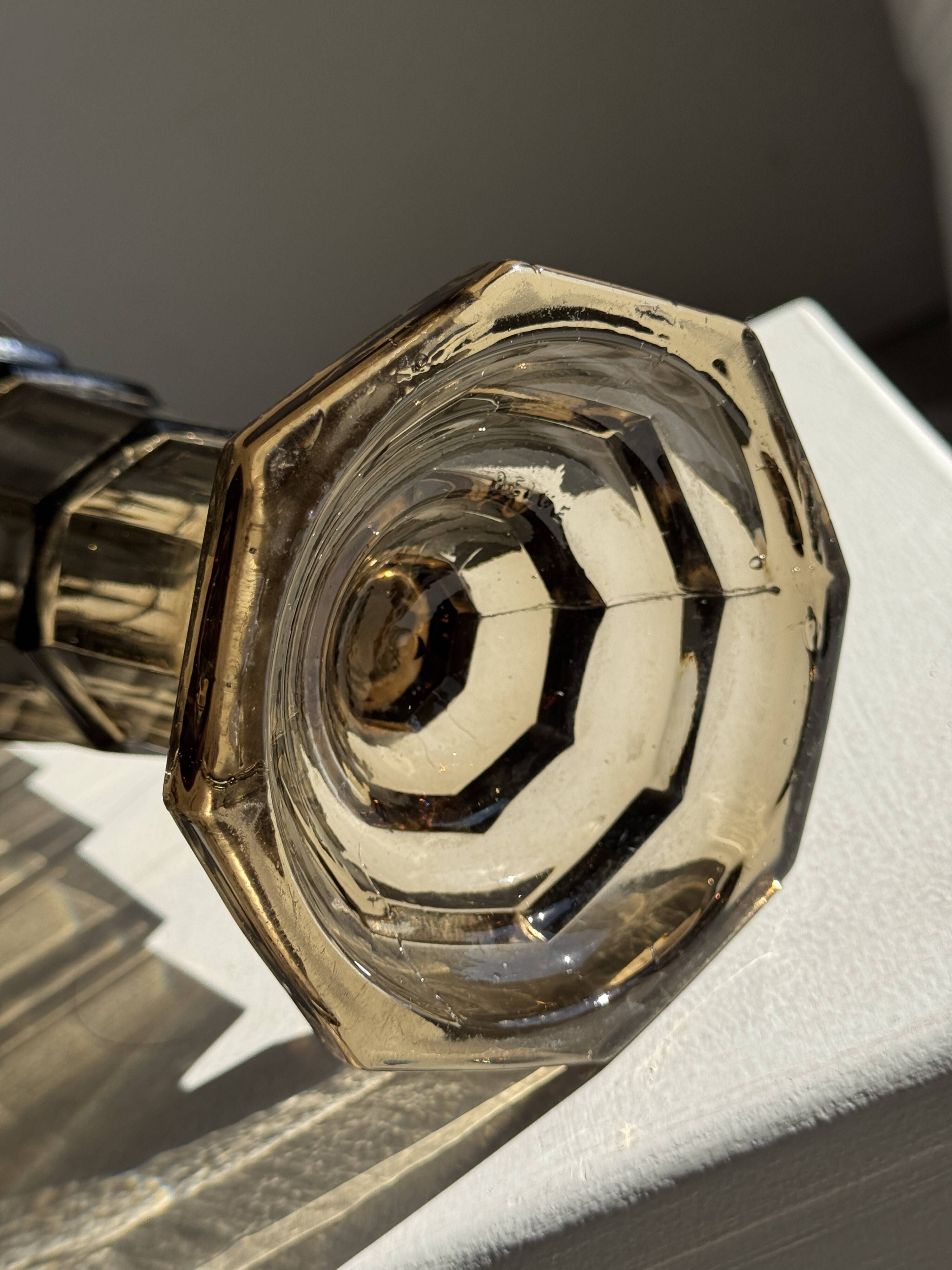 Flared Art Deco vase in smoked moulded glass with steps H30 W13.5