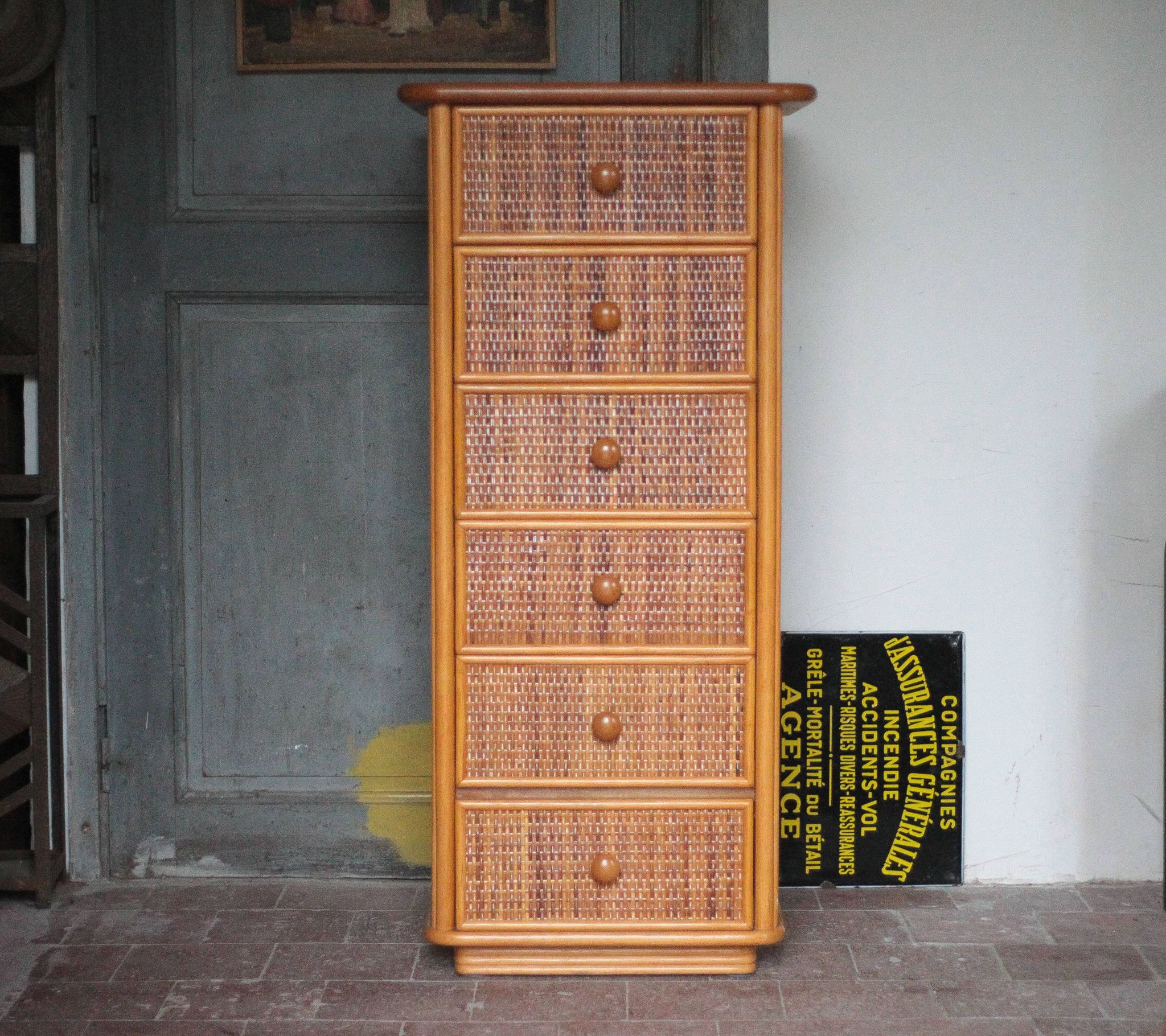 Vintage chest of drawers, Maugrion rattan weekly organizer for Roche Bobois