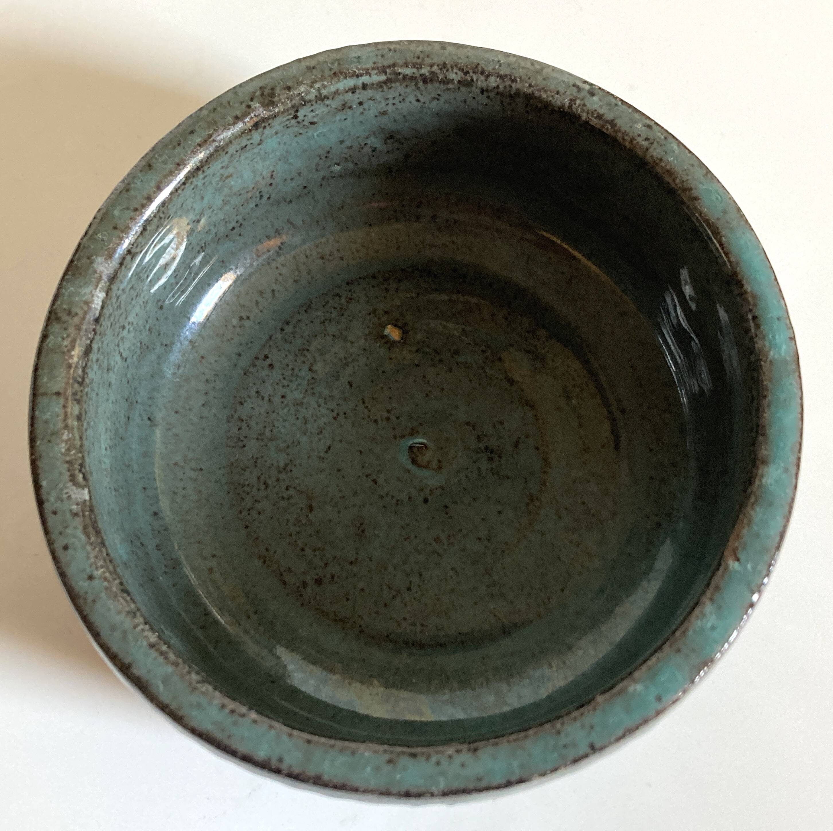 Green-blue enameled ceramic (stoneware) candy box with mermaid decoration, mid-20th century