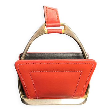 Longchamp, empty pocket document holder with leather and gold metal stirrup from around 1970.