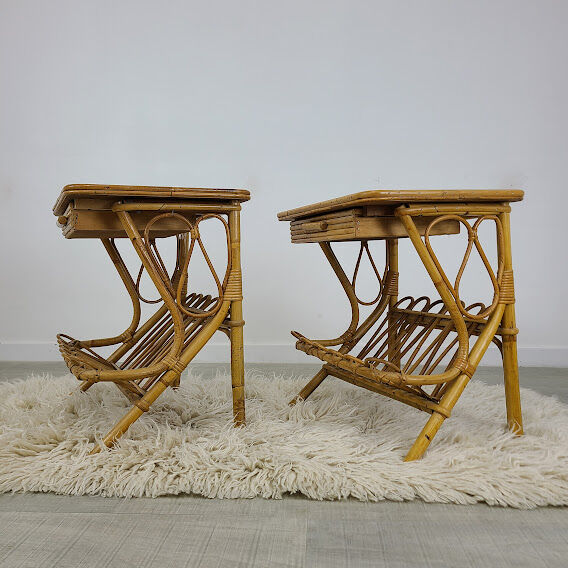 Pair of vintage rattan bedside table in 70s