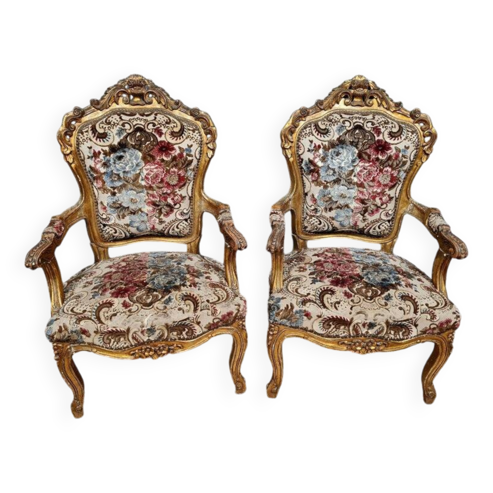 Pair of Louis XV style Baroque armchairs in gilded and carved wood circa 1900