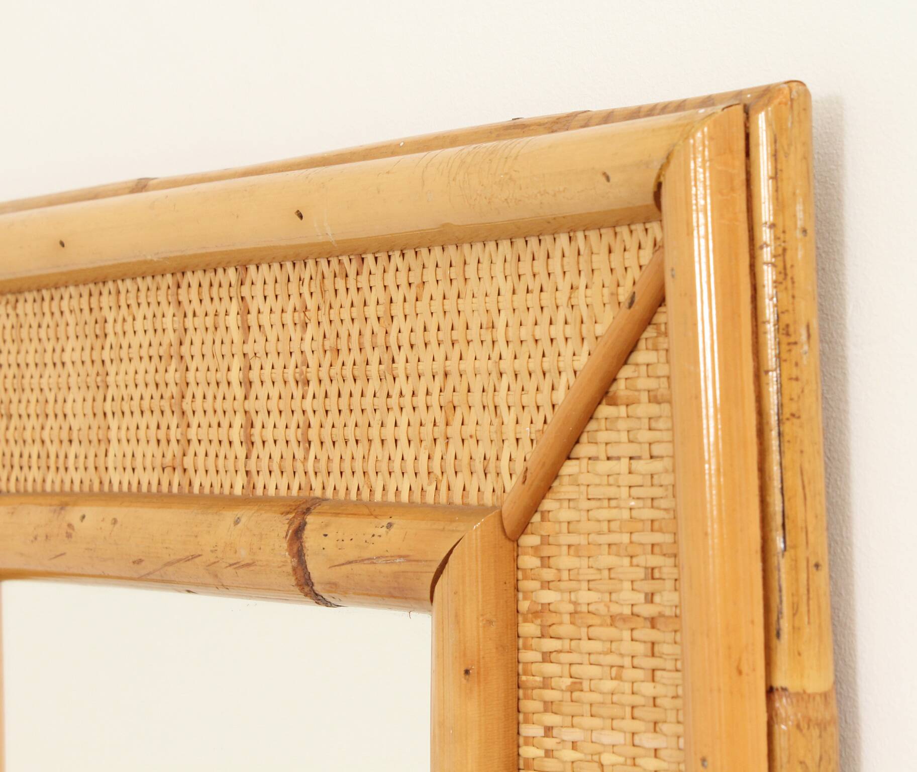 1970s wall mirror in rattan and cane, Spain