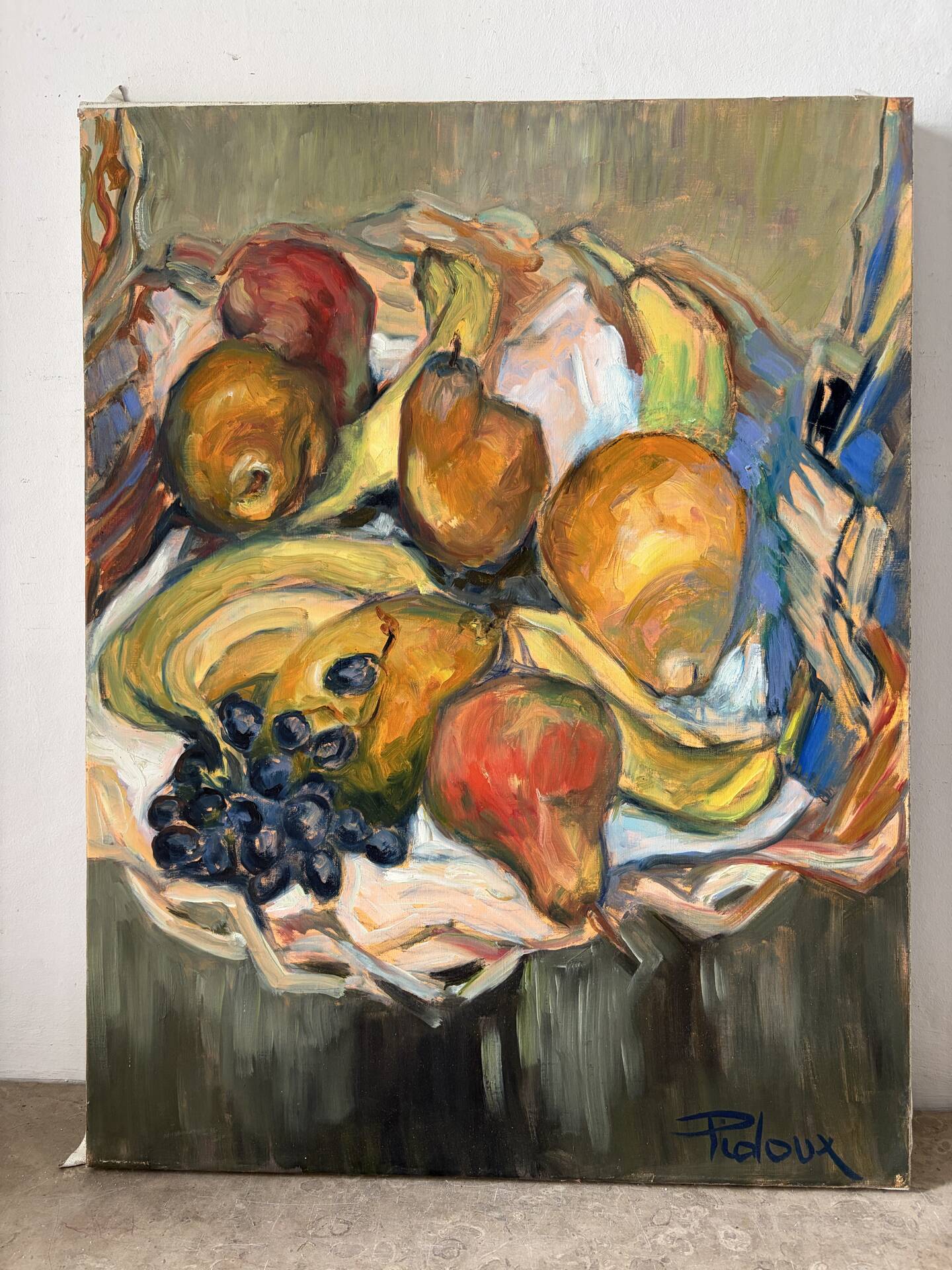 Still life with fruits, oil on canvas signed Pidoux.