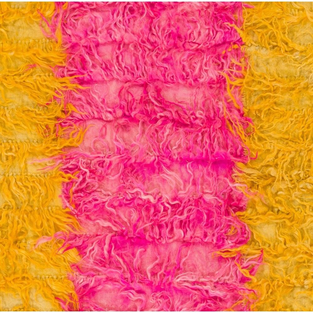 New Hand-Knotted Shag Pile Tulu Rug in Hot Pink and Yellow, 100% Mohair Wool