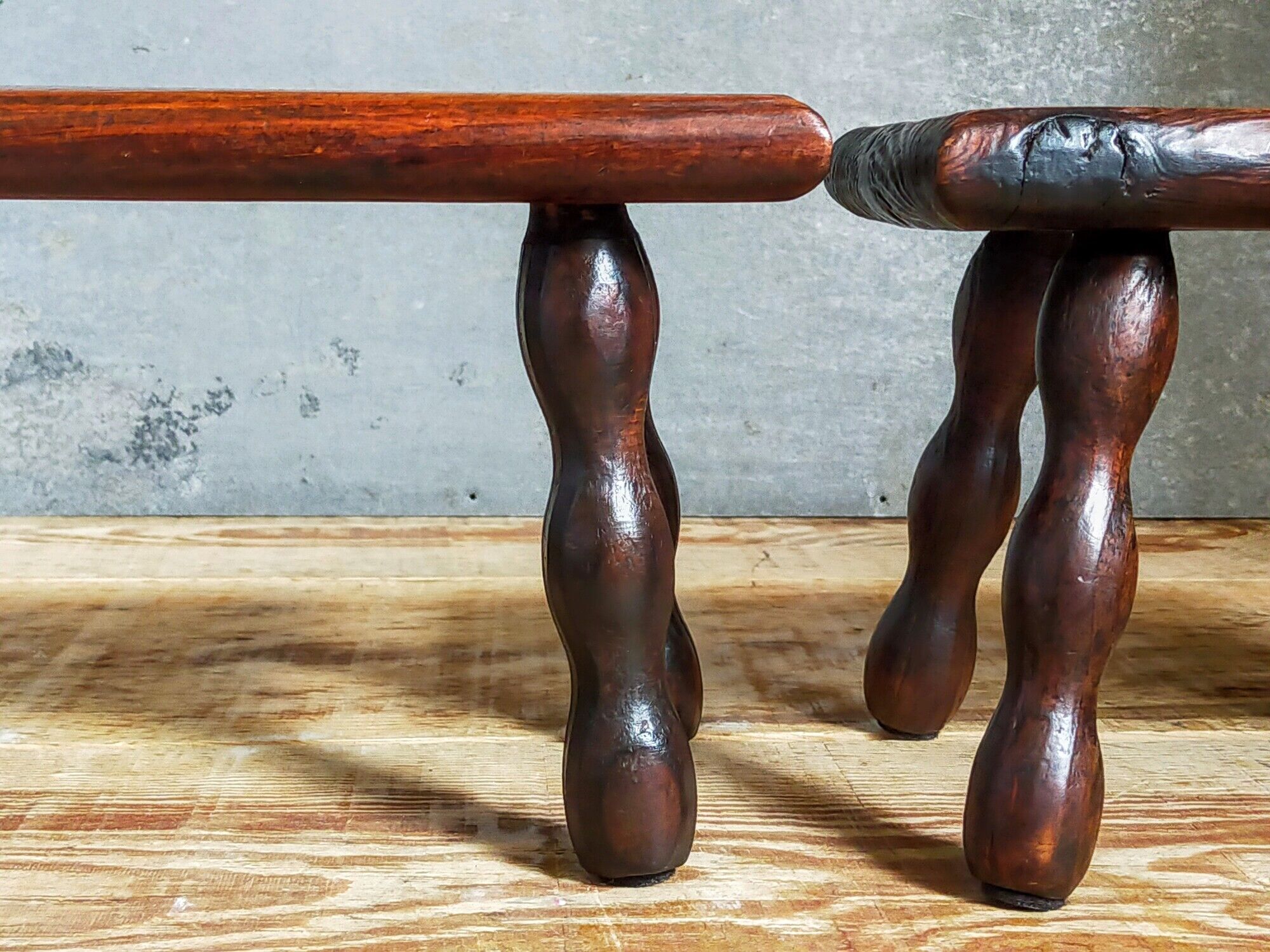 Pair of vintage solid turned wood footstools