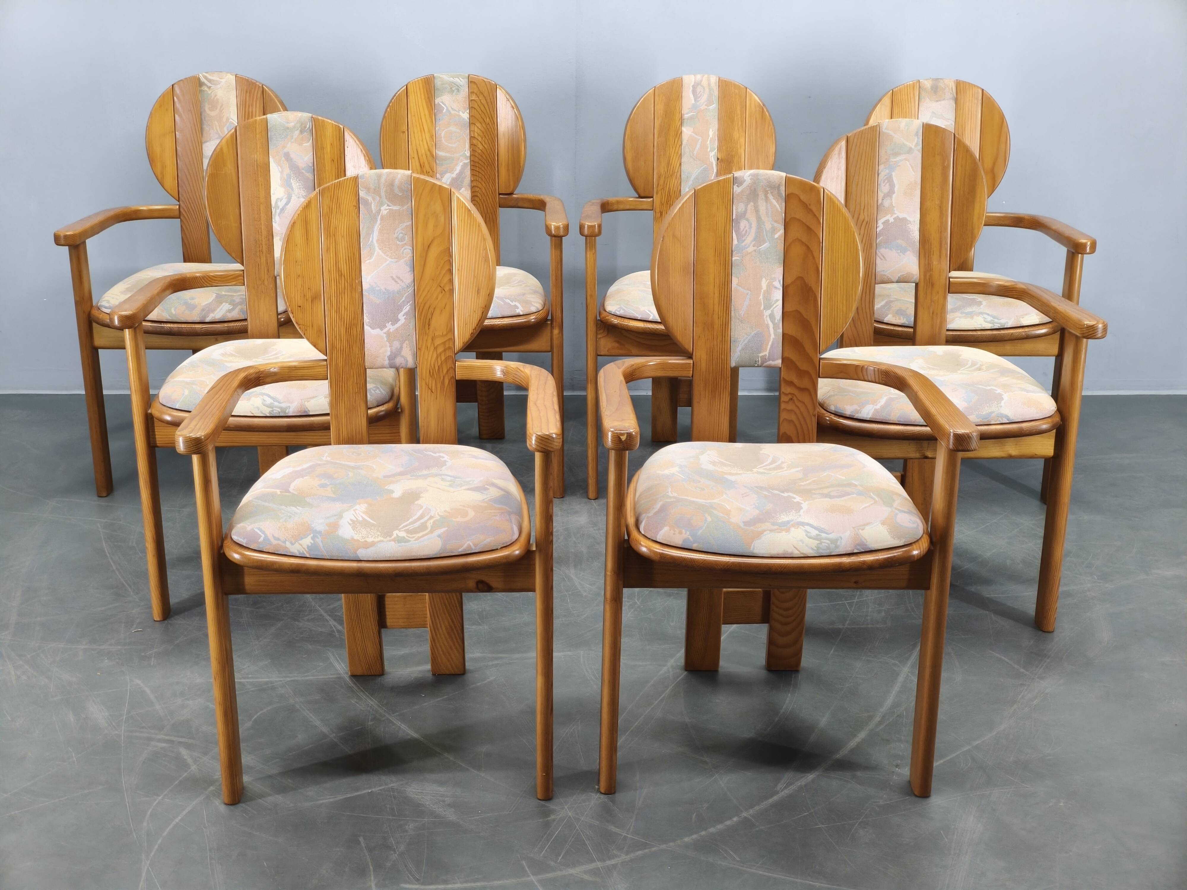 Set of 8 Czech Postmodern Pine Dining Armchairs, 1970s