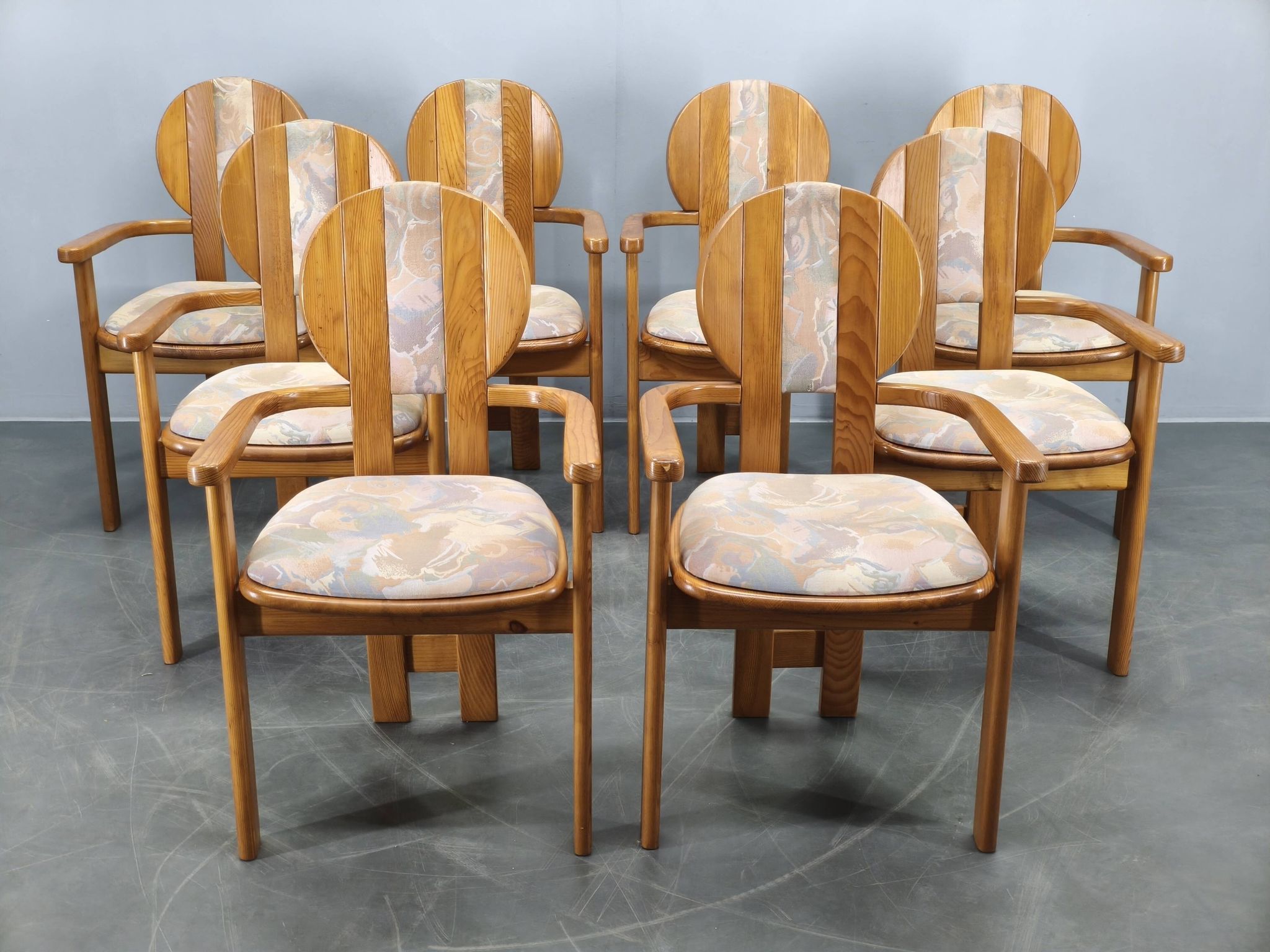Set of 8 Czech Postmodern Pine Dining Armchairs, 1970s