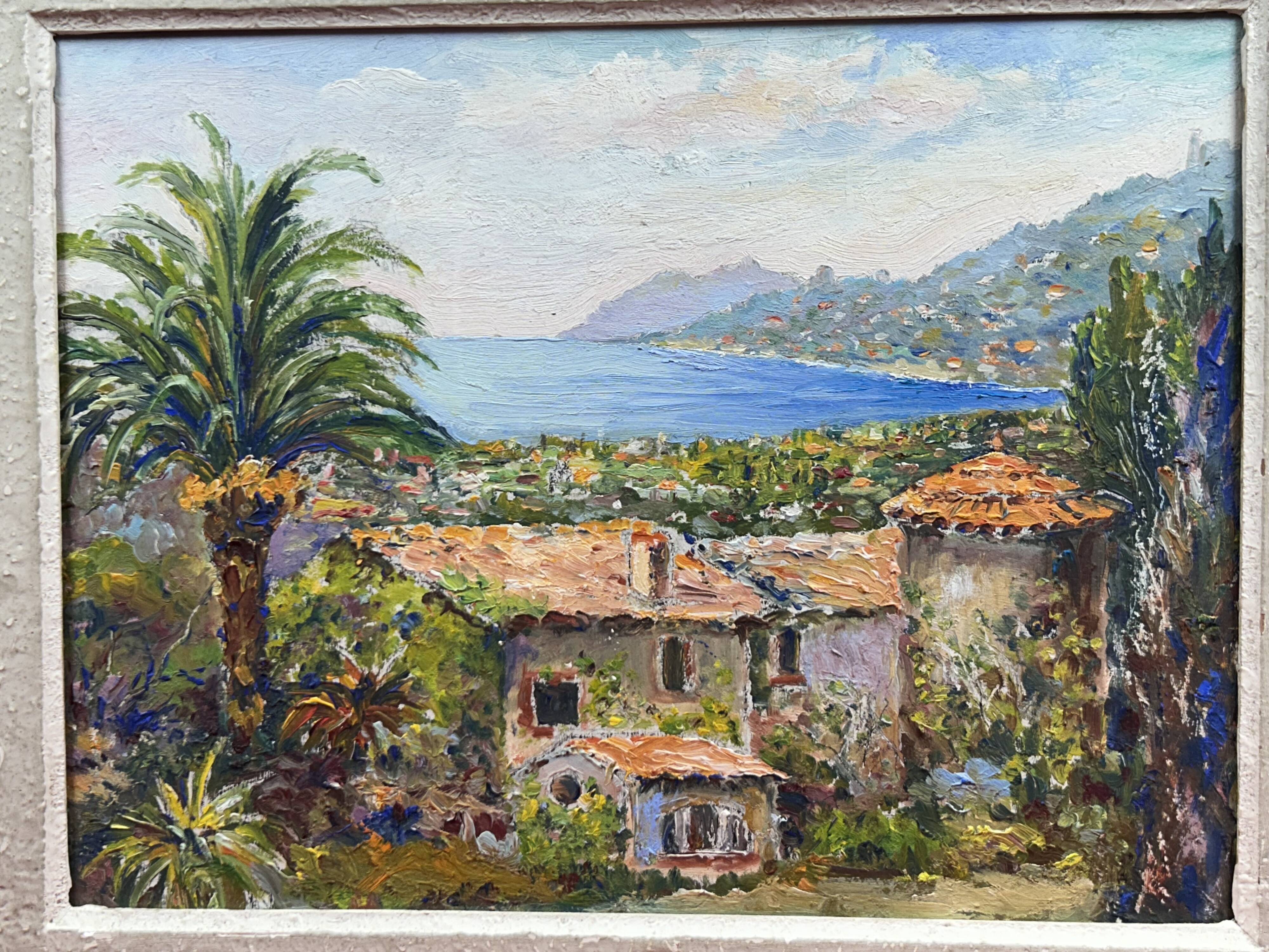 Oil on panel View of a villa in St Tropez? probably A. Adam around 1960
