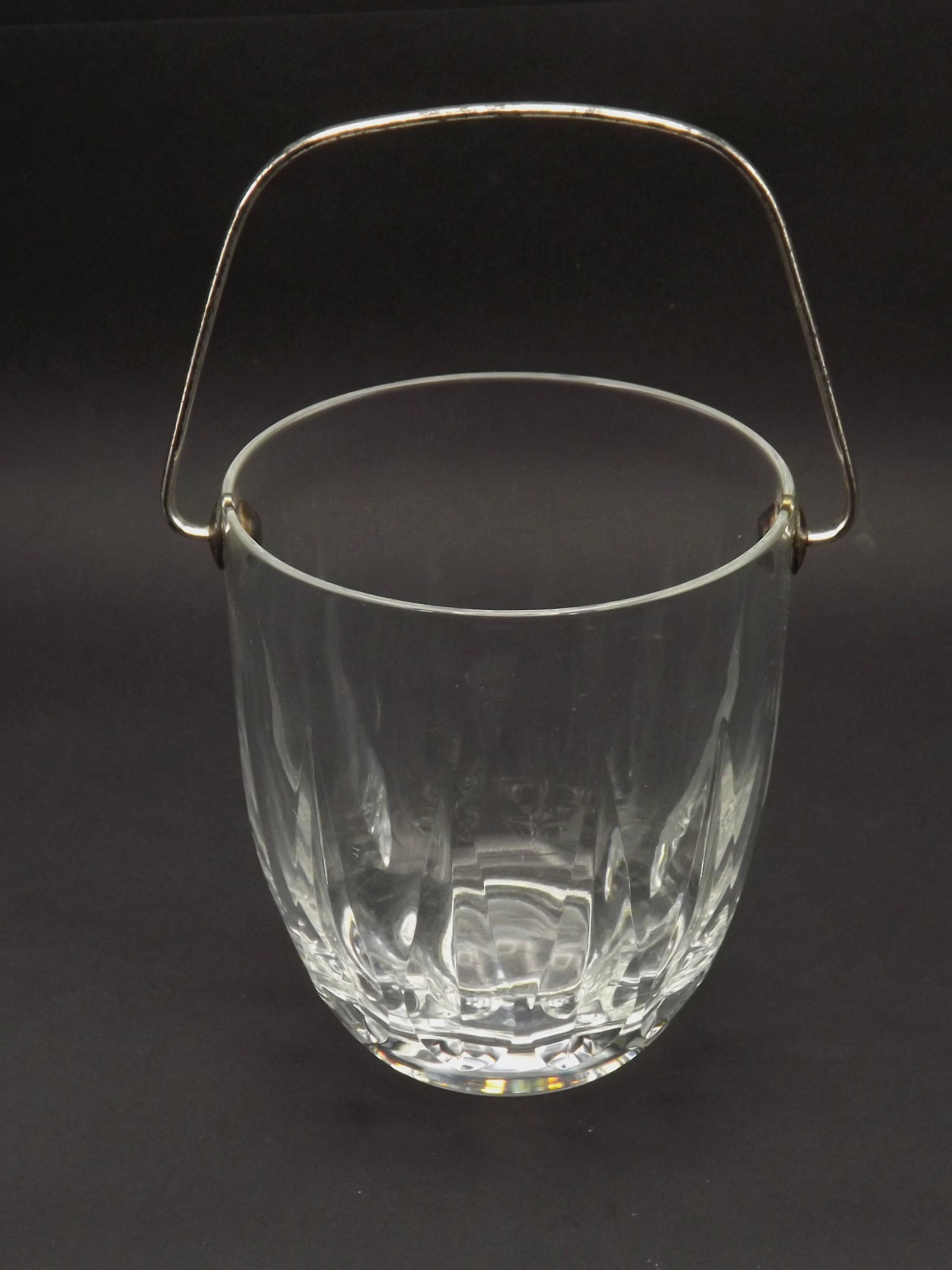Vintage French heavy cut glass ice bucket with silver metal carry handle 4504.