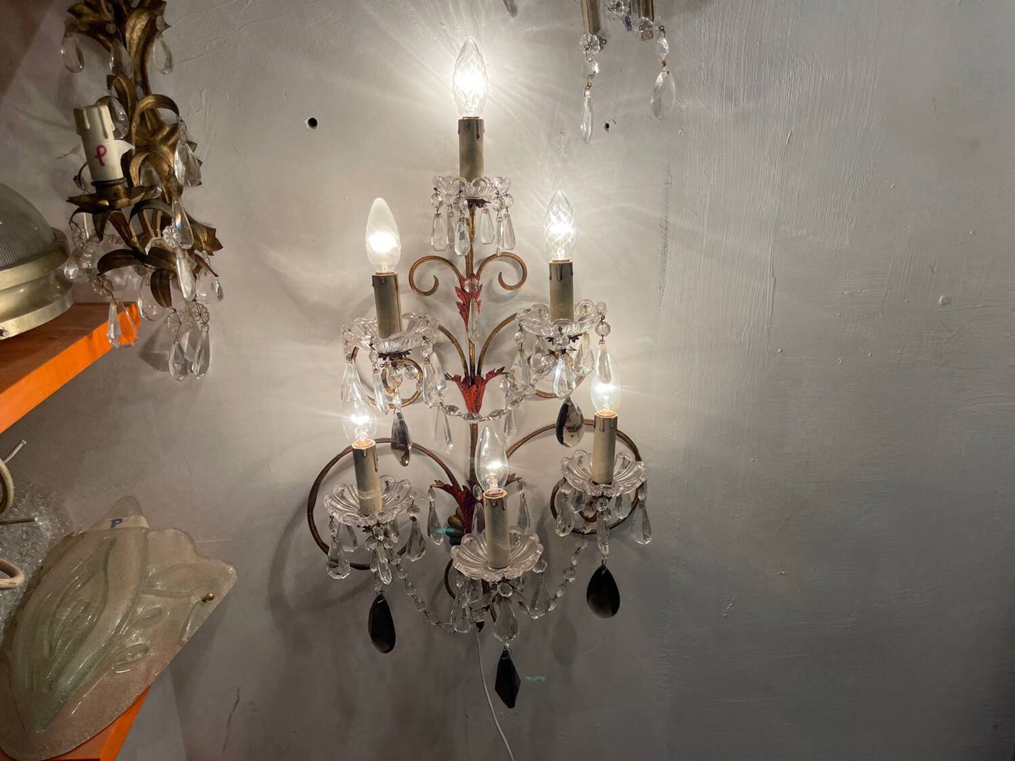 Florentine Tole Crystal Sconces Set of 2 1950’s