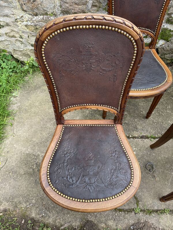 6 chaises de style Louis XVI en hêtre massif et cuir de Cordoue, 1900