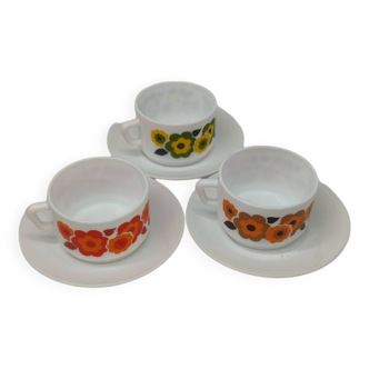 Lot de 3 ensemble déjeuner vintage année 1960 décors fleurs tasse et sous tasse