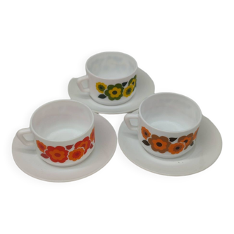 Set of 3 vintage lunch set year 1960 flower decorations cup and saucer