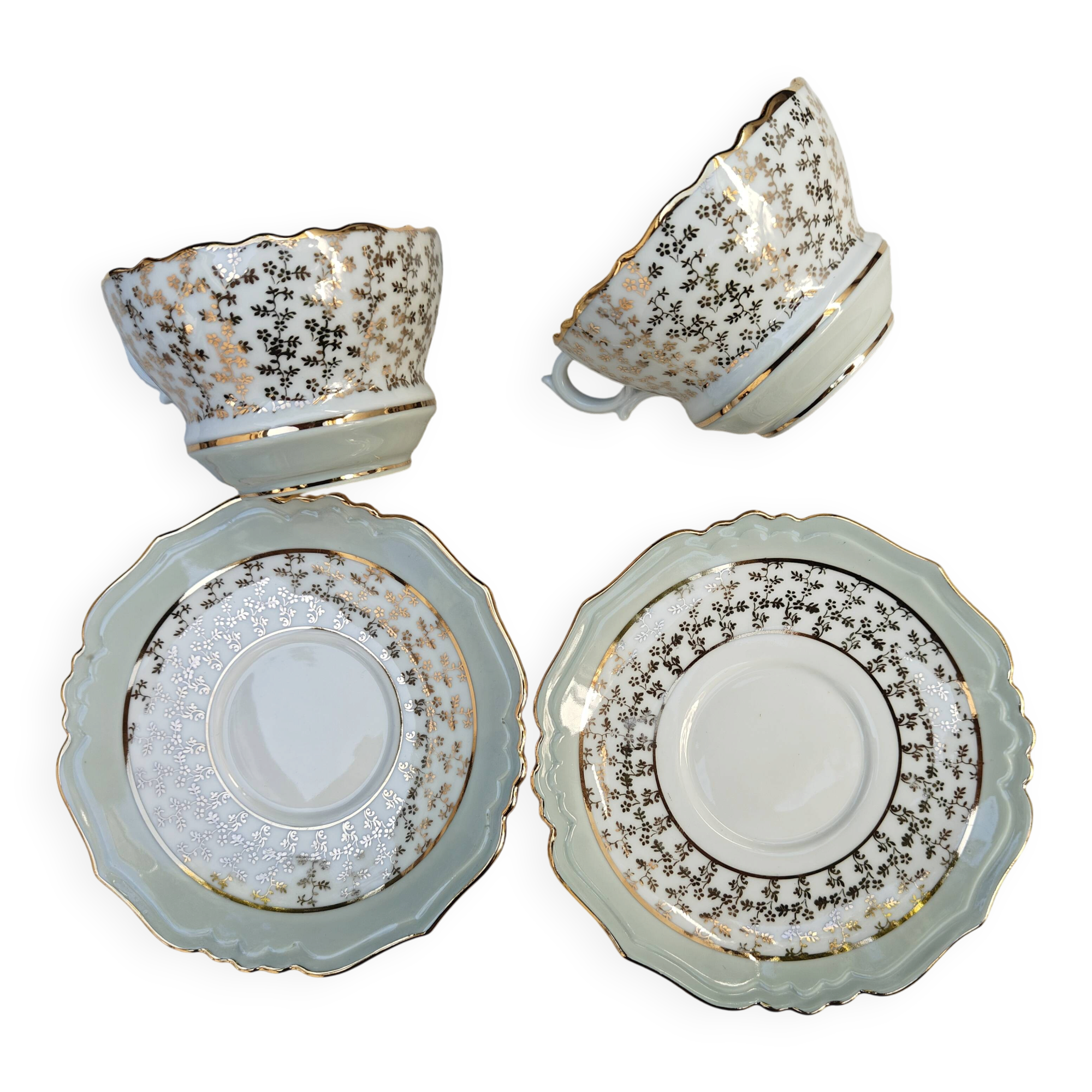 Duo of tea cups and saucers Limoges Lucien Michelaud - Green porcelain