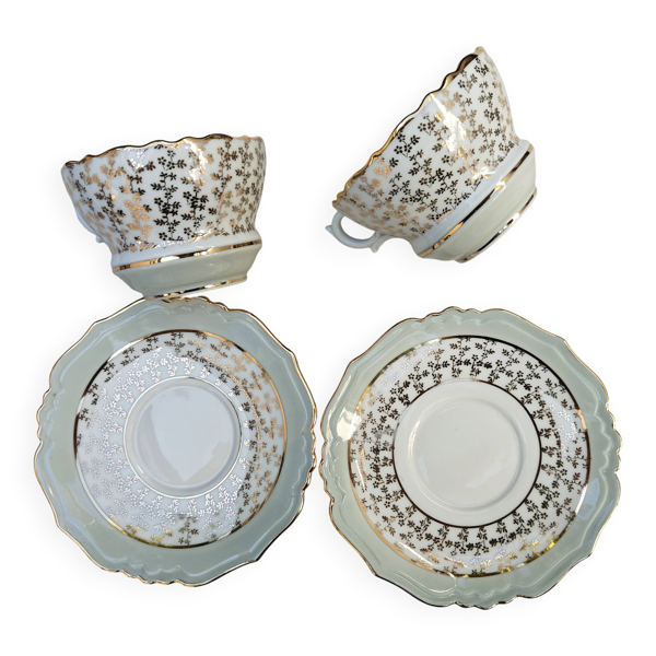 Duo de tasses à thé et soucoupes Limoges Lucien Michelaud - Porcelaine vert