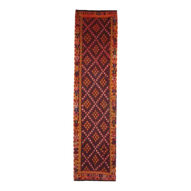 Vintage Turkish Oushak Handmade Wool Cotton Red Runner Rug 115x470