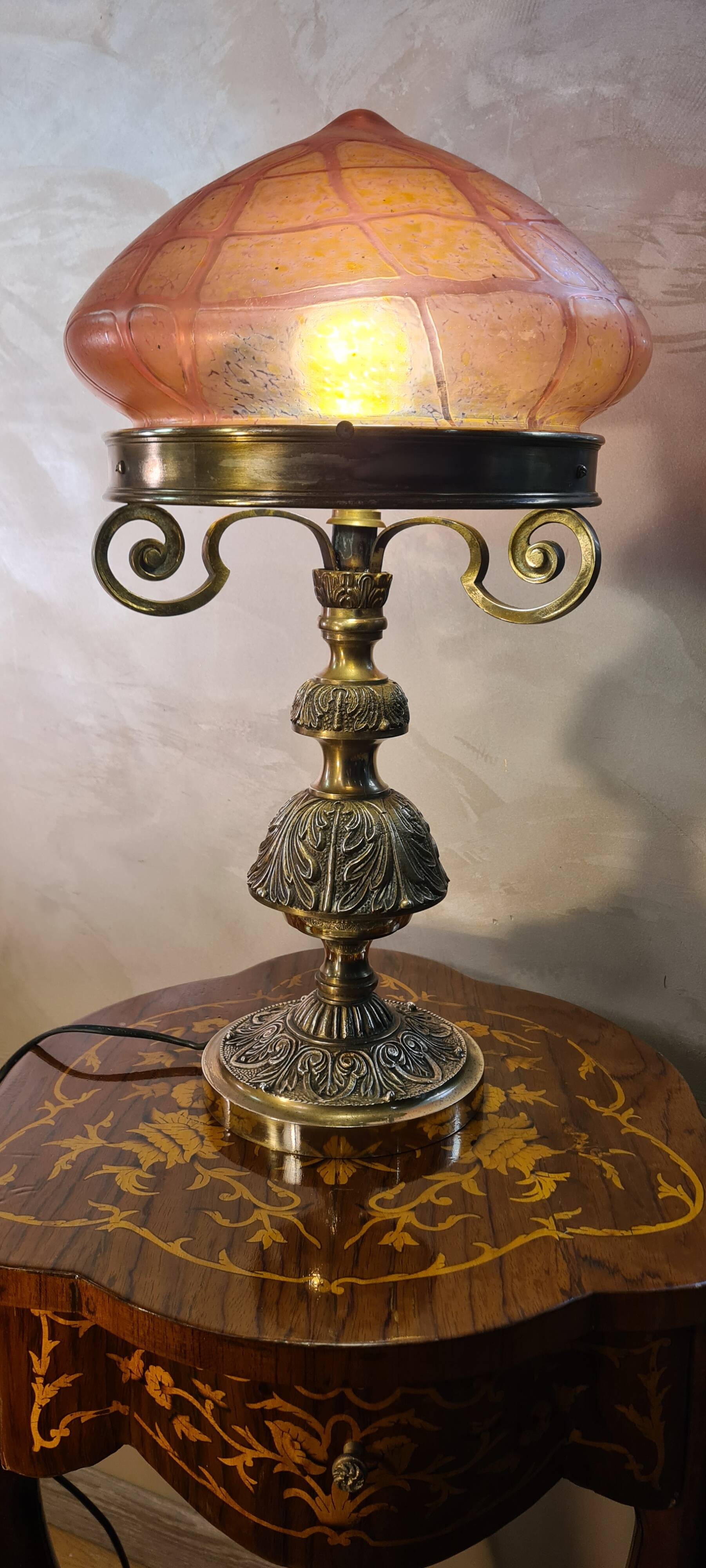 Austrian Art Nouveau bronze lamp with Loetz style art glass shade L54x32