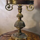 Austrian Art Nouveau bronze lamp with Loetz style art glass shade L54x32
