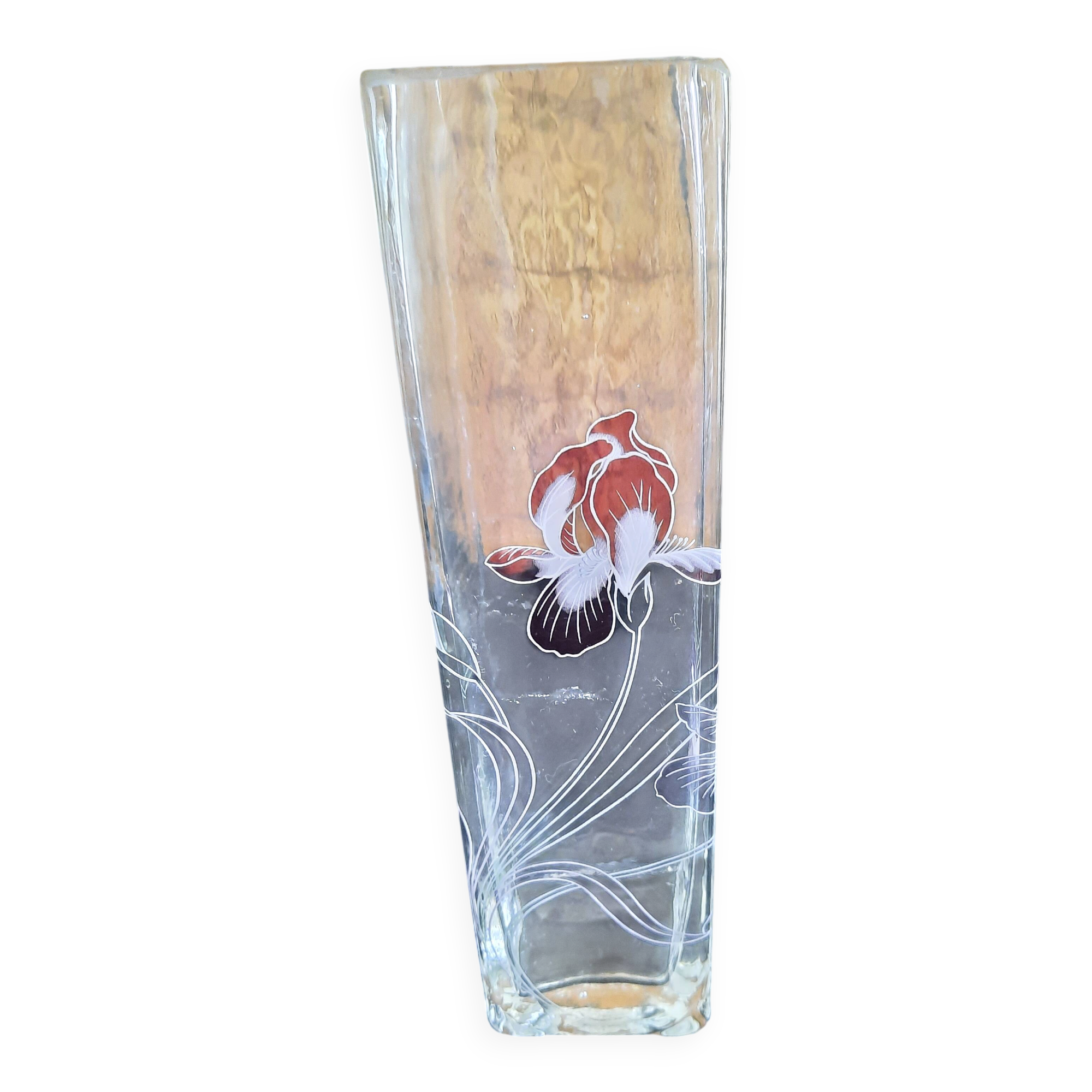 Small square glass soliflore vase - Floral iris decoration - H 19 cm