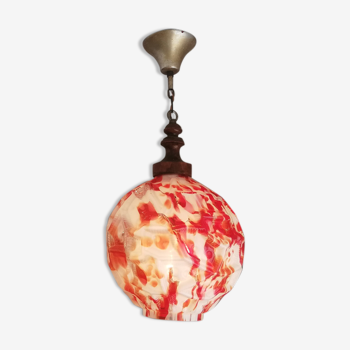 Art deco wood and  murano glass red globe hanging lamp