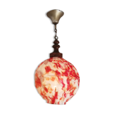 Art deco wood and  murano glass red globe hanging lamp