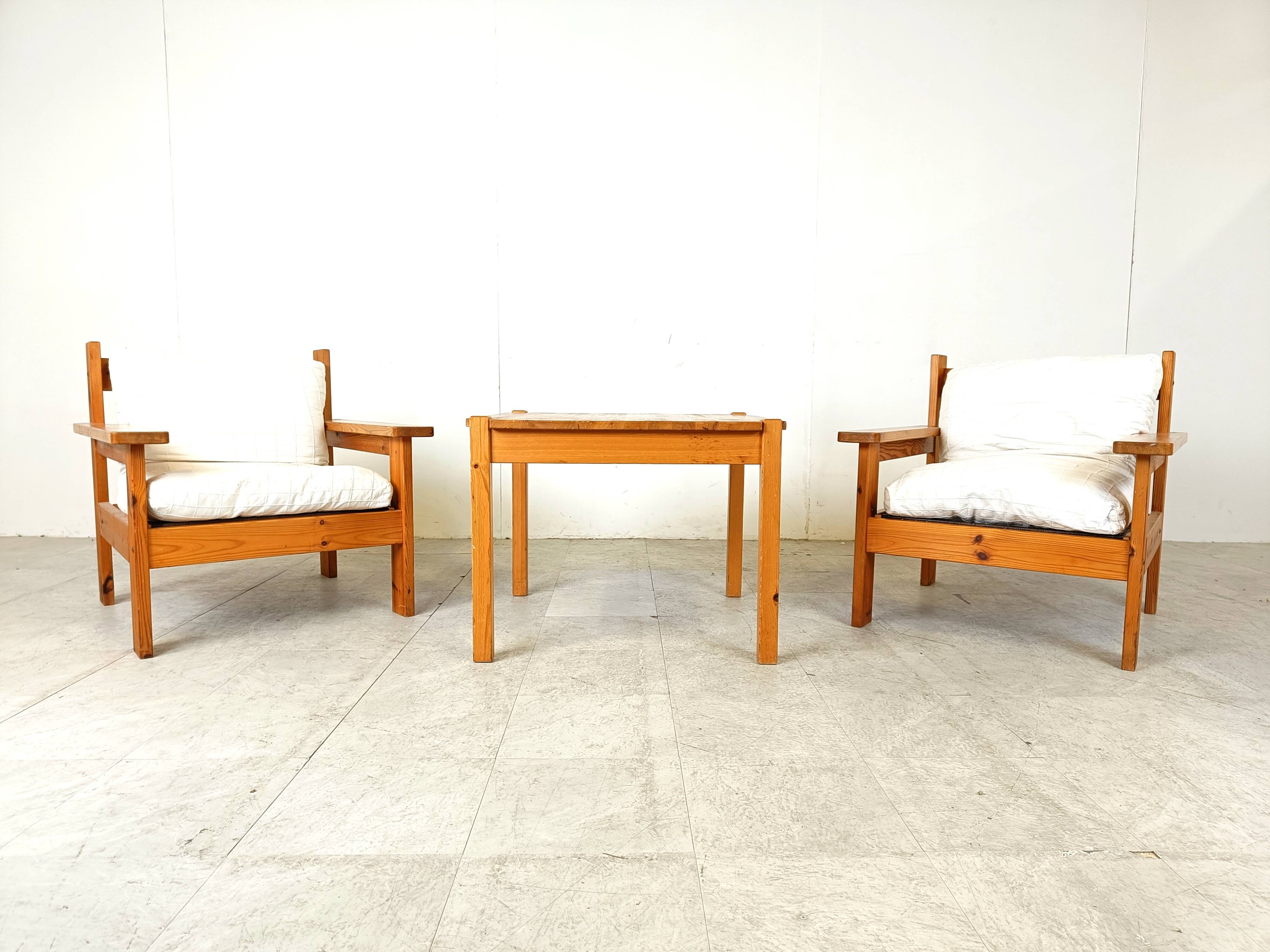 Vintage pine wood armchair set, 1980s