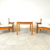 Vintage pine wood armchair set, 1980s