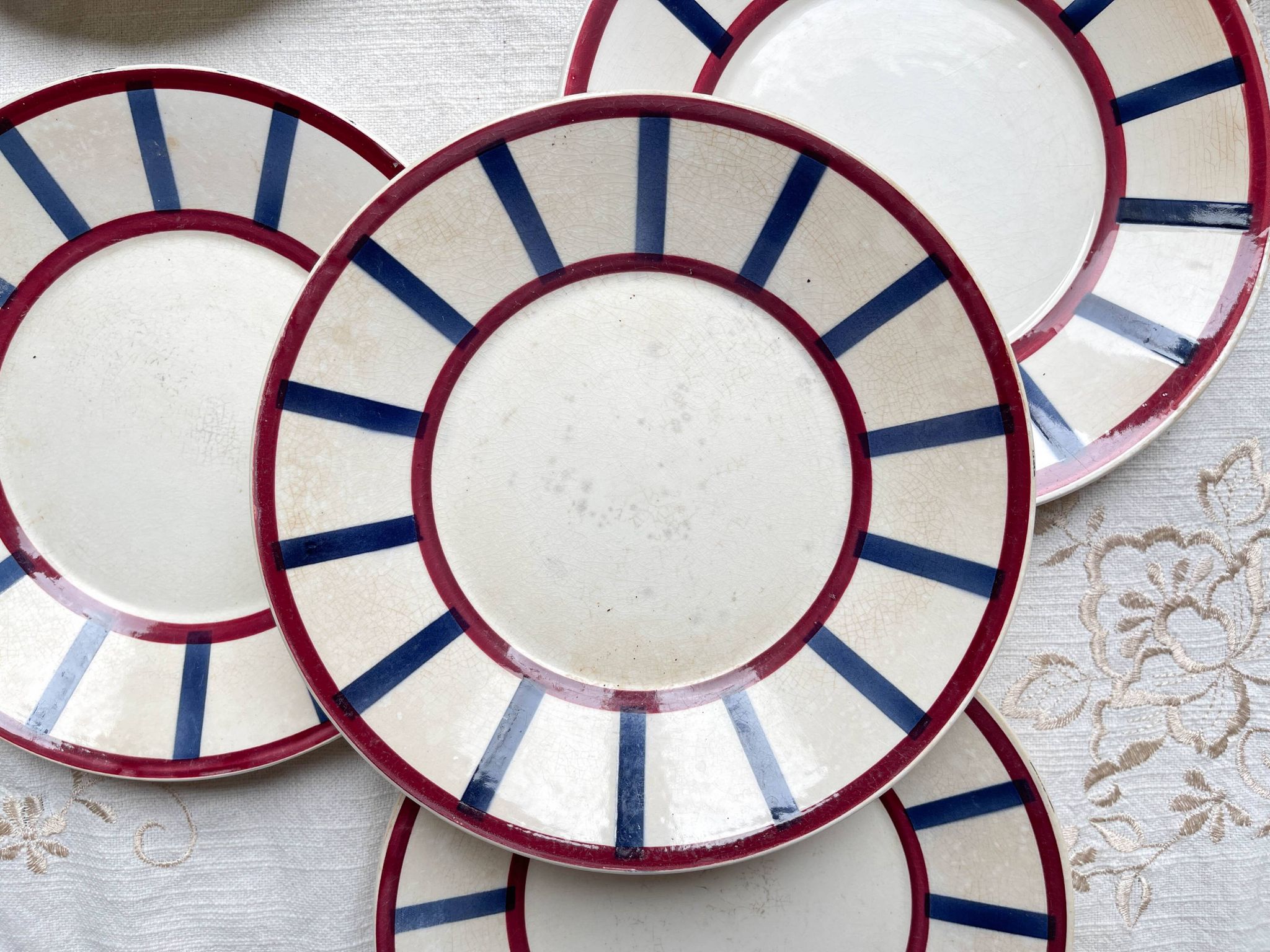 5 Small Vintage French Plates Terre de Fer HBCM Béarn blue and red stripes