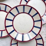 5 Small Vintage French Plates Terre de Fer HBCM Béarn blue and red stripes