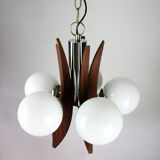 Lustre danois à 5 lumières en verre opalin et bois