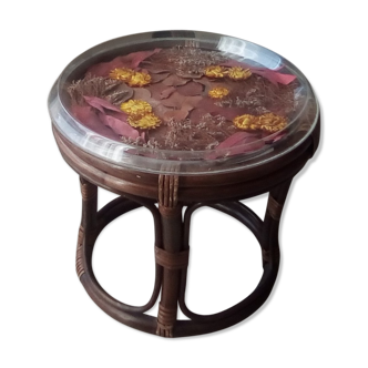 Table basse tabouret vintage en rotin