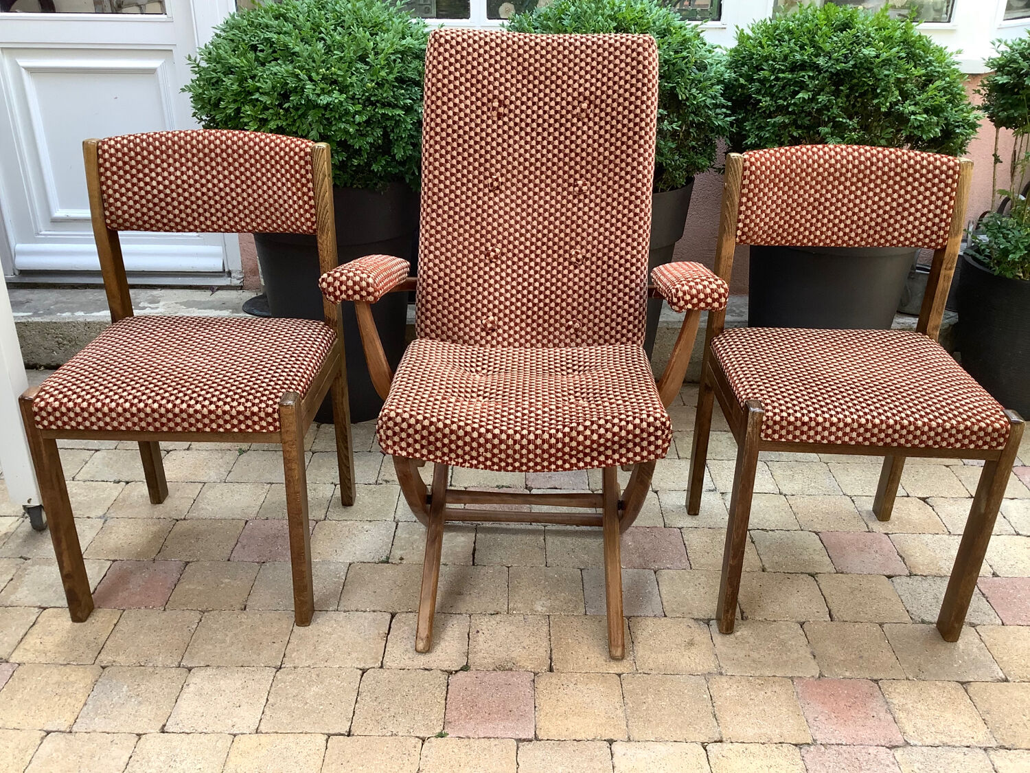 Fauteuil et 2 chaises Baumann en velours vintage