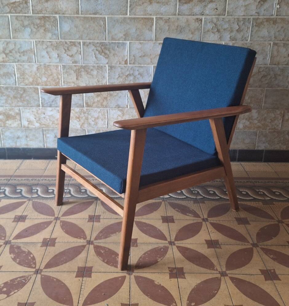 Danish teak lounge chair with sea blue-green fabric, 1960s