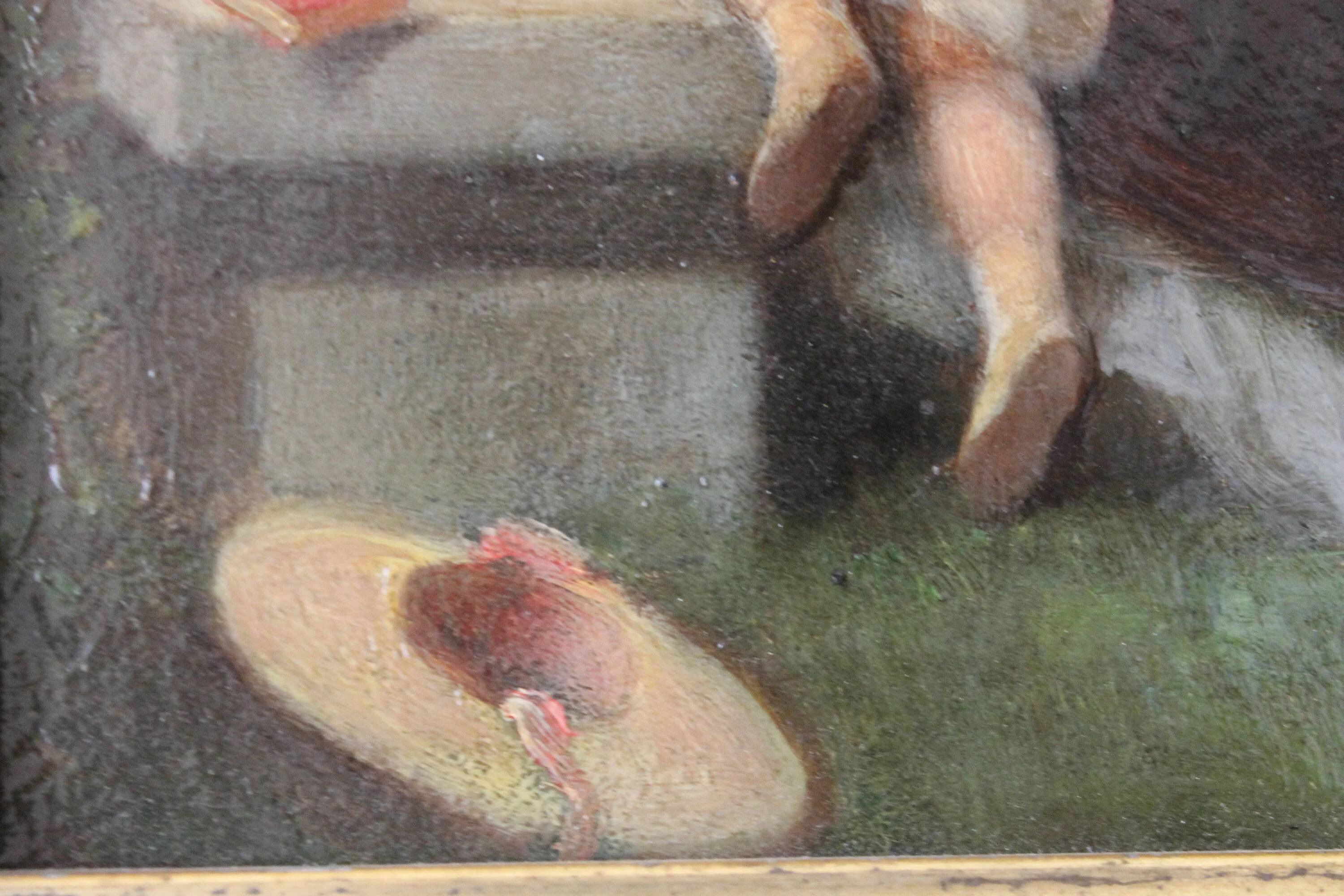 Jean-Baptiste Fouque (1819 - 1880) "Stroll in the Garden" oil on panel